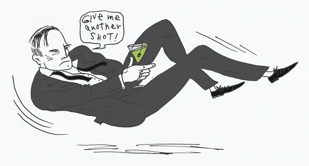 A cartoon illustration by John Levers of James Bond, lying down in a suit and holding a martini glass. A speech bubble reads "give me another shot!"